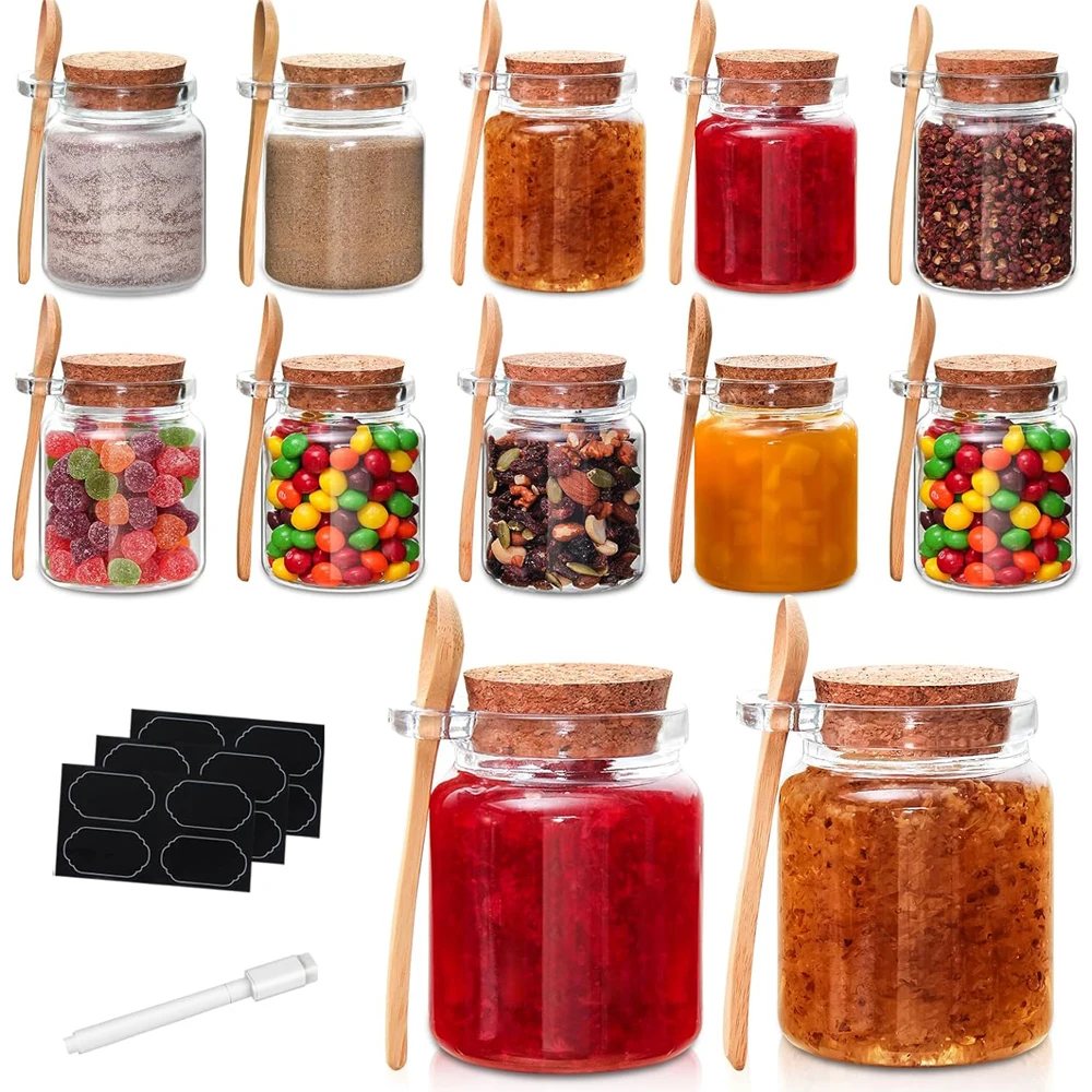 Glass Storage Jars with Cork Lids and Spoons Yogurt Containers for Pantry,Bathroom,Spices,Honey,Mousse,Candy,Candle Making,Diy