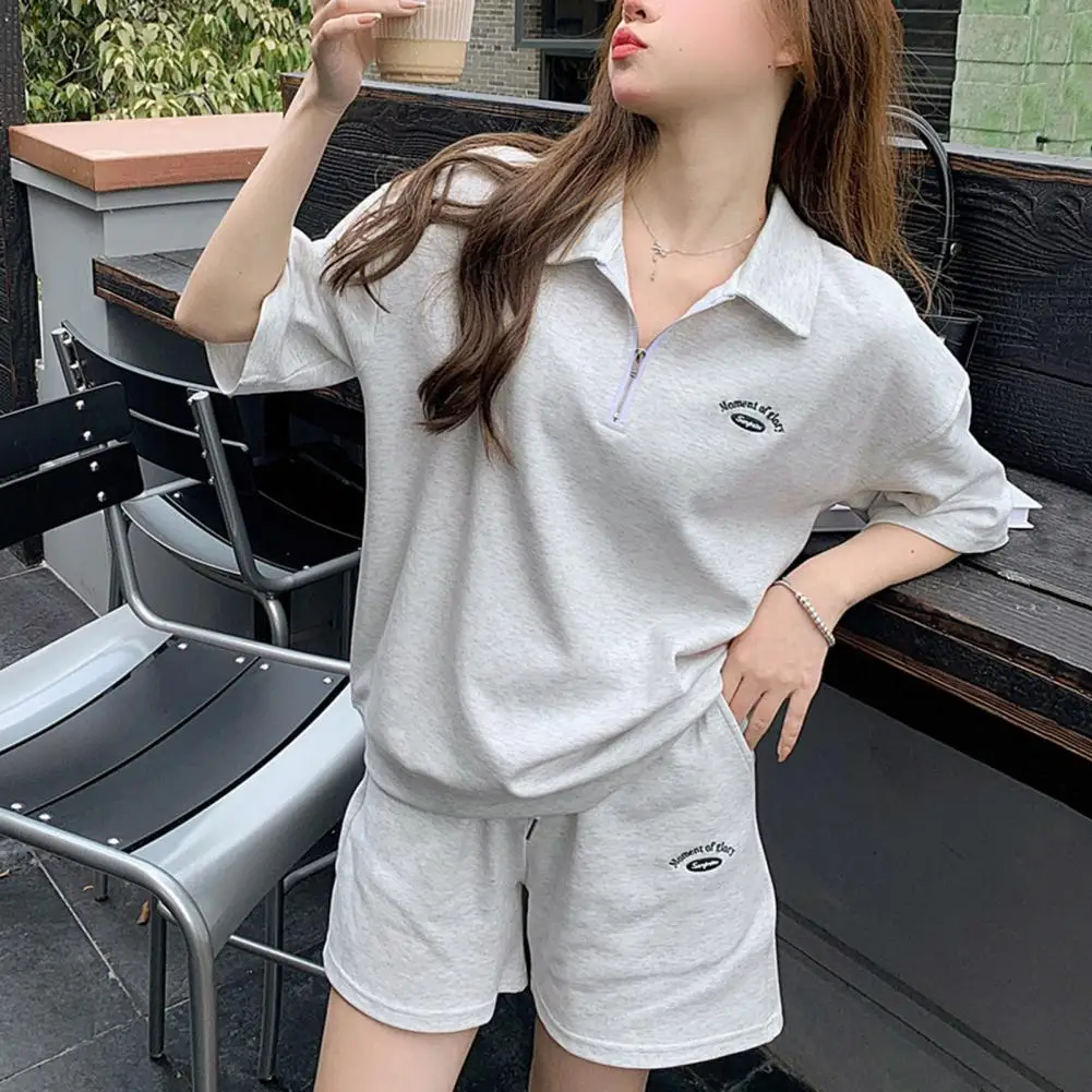 Embroidered Two-piece Suit Short Sleeve Zipper Sweatshirt Drawstring Waist Shorts Set Women Tracksuit Solid Color Top Shorts Set