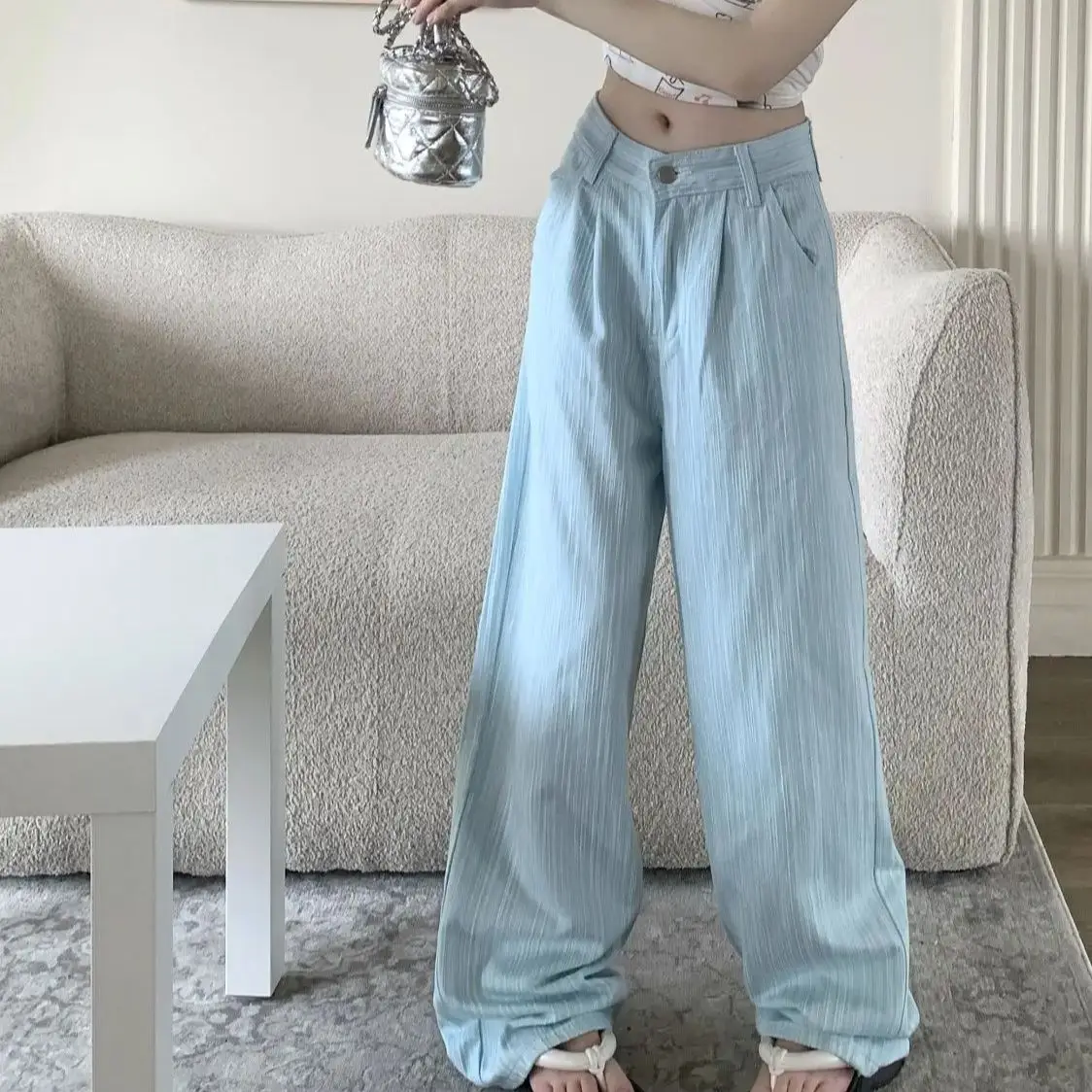 

Jeans Light Blue Women'S Stripe Wide Leg Vintage Street Style Baggy Bottoms Young Girl Casual Trousers Female Pants