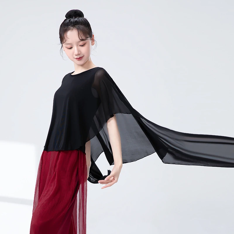 

Классическая танцевальная блузка для женщин, двухслойная, из сетчатой ткани, с круглым подолом, для выступлений, изящная, из тюля, для тренировок