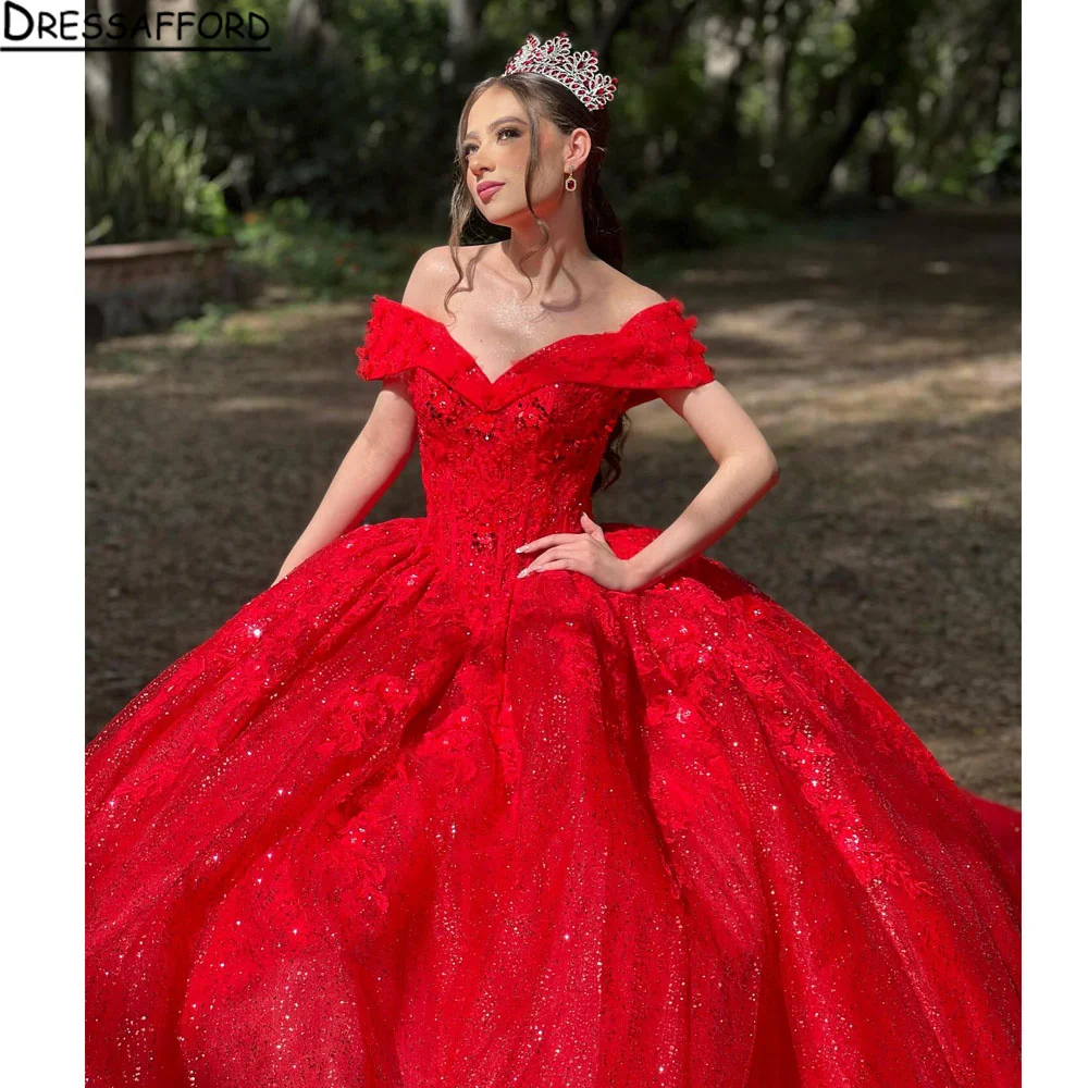 

Elegant Red Quinceanera Dresses Ball Gown Off Shoulder Shinny Corset Women Prom Birthday Party Dress Vestidos De 15 Años 16 Year