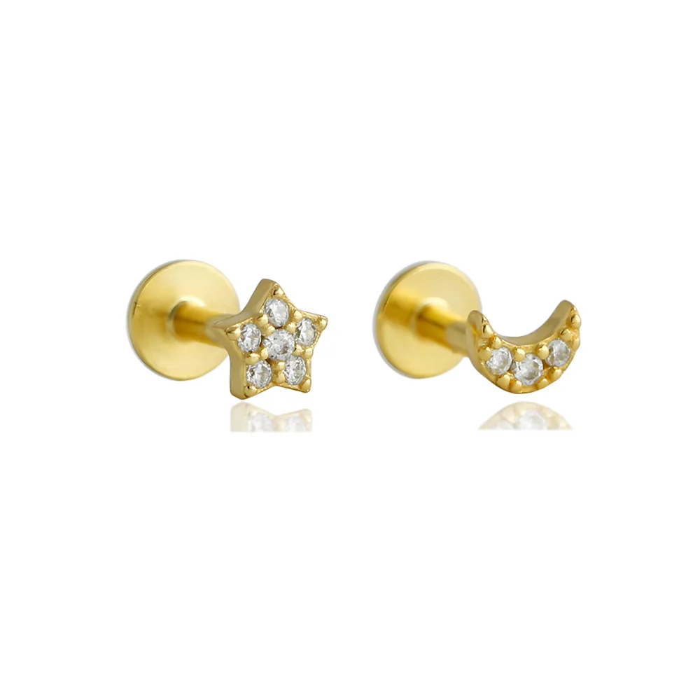 

CCFJOYAS Minimalist 925 Sterling Silver Mini Cute Star Moon Stud Earrings for Girl Puncture T-tube Flat-bottom Screw Earrings