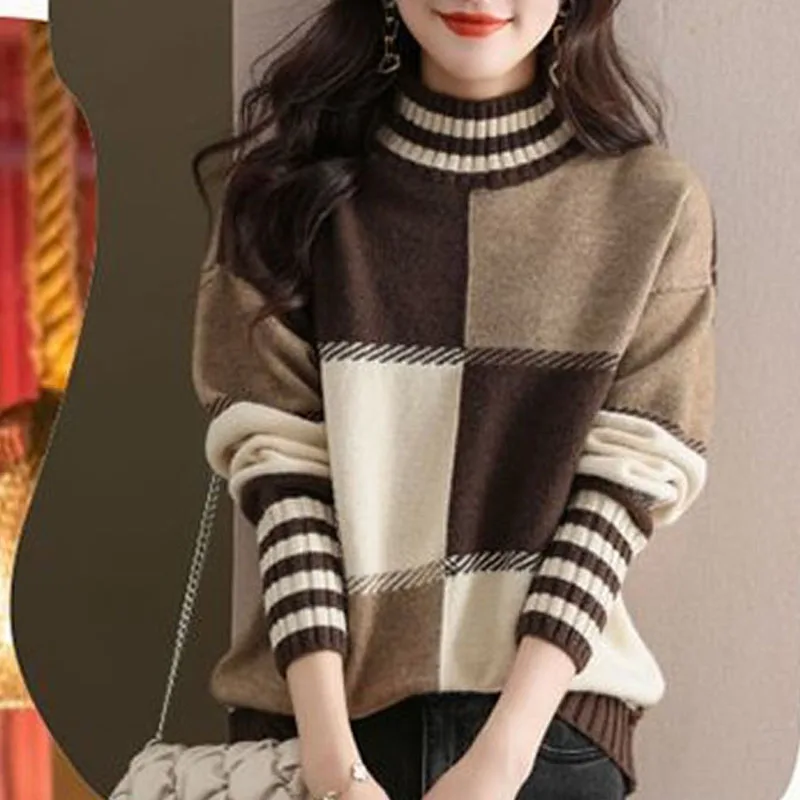 New Fashion Trend Half High Neck Contrast Stripes Loose and Thickened Versatile Slim and Fashionable Women\'s Knitted Sweater