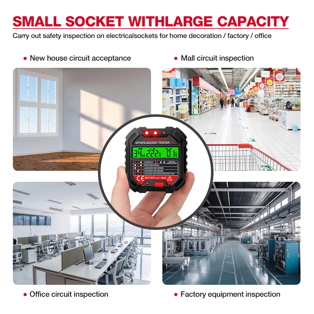 HABOTEST HT107 Socket Tester Pro Voltage Test RCD 30mA Socket Detector UK EU Plug Ground Zero Line Plug Polarity Phase Check