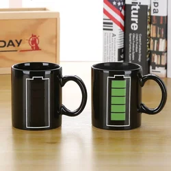 Tazas de cerámica que cambian de Color, taza mágica sensible al calor con patrón de batería, taza de jugo de té de la leche antiescaldaduras, taza de regalo novedosa para niños