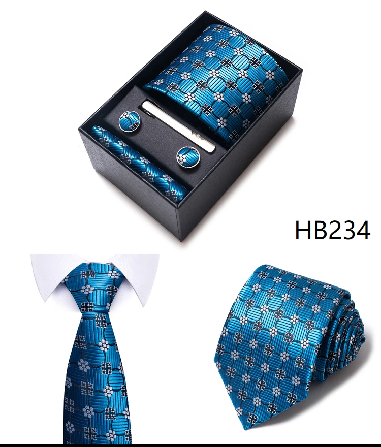 Heißer Verkauf 8 cm breite Krawatten-Sets blau solide Herren Krawatte Taschentuch Manschettenknöpfe Clip Box Hochzeitsgeschenk Seide handgefertigt – Detail 35