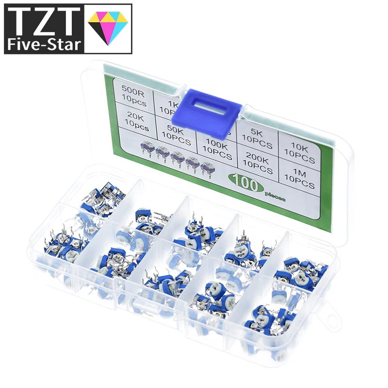 Imagem -06 - Carbon Film Horizontal Trimpot Potenciômetro Variedade Kit 10 Valores Resistor Variável 500r1m Rm065 100 Pcs por Caixa