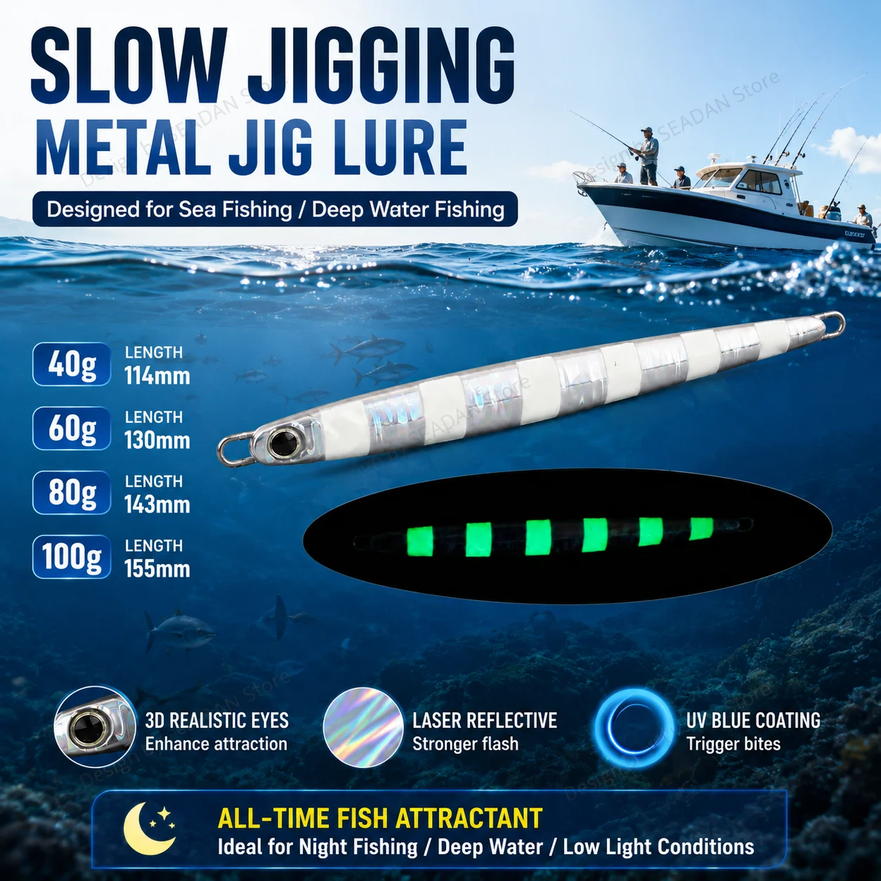 

114-155mm Metal Jig Lure Silver Glow UV Coating Streamlined Artificial Bait Boat Wild Fishing For Grouper Mackerel Tuna GT