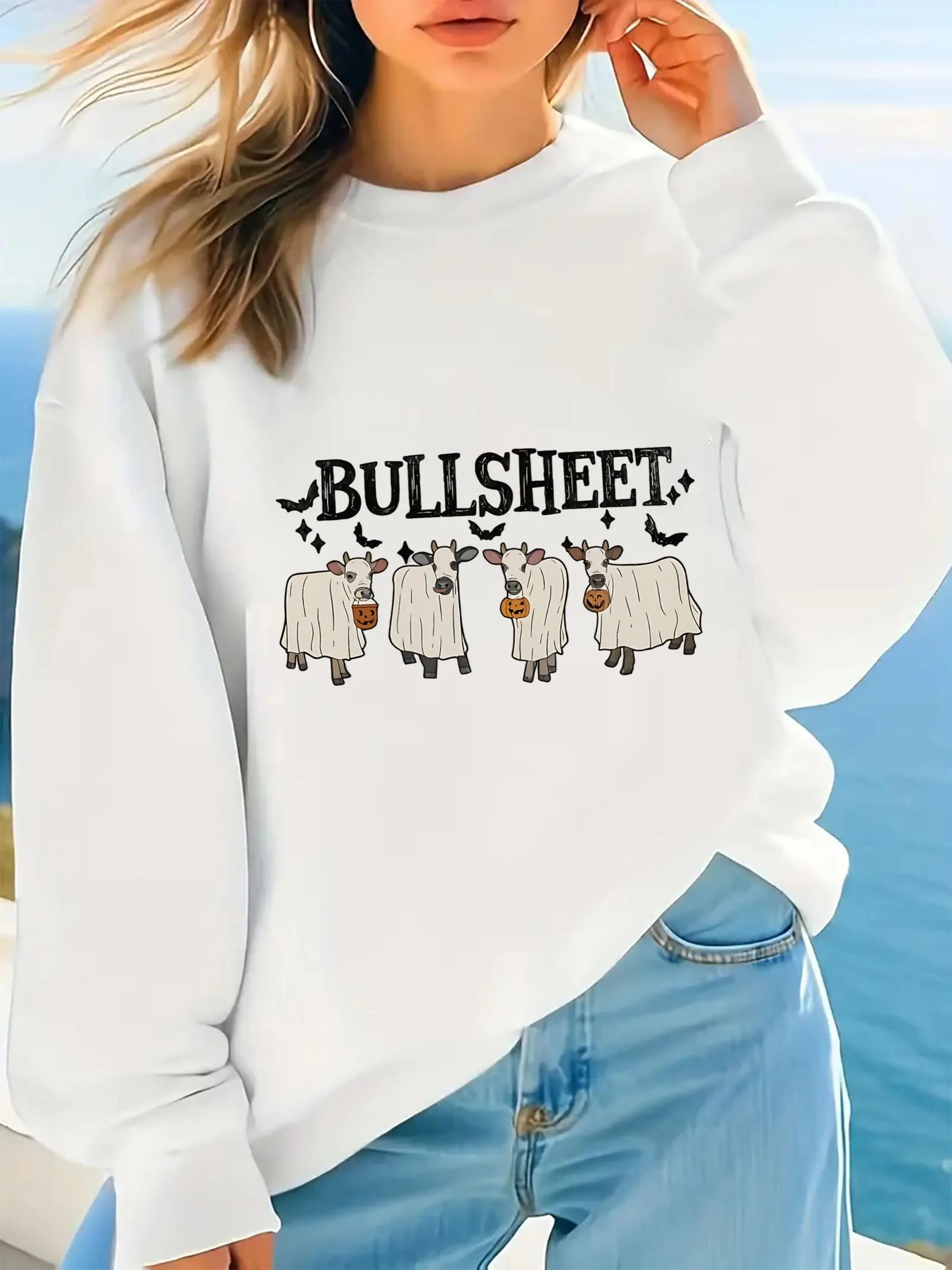 

Женский модный свитер на Хэллоуин с рисунком коровы «BULLSHEET», «Четыре коровы, одетые призраки, с фонариками Джека и элементами летучей мыши»