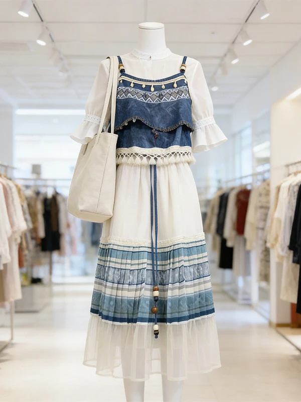 

plus Size Women's Summer Slimming Ethnic Style Camisole Half Skirt Three Piece Set Korean Loose Fit High Waist Long Skirt