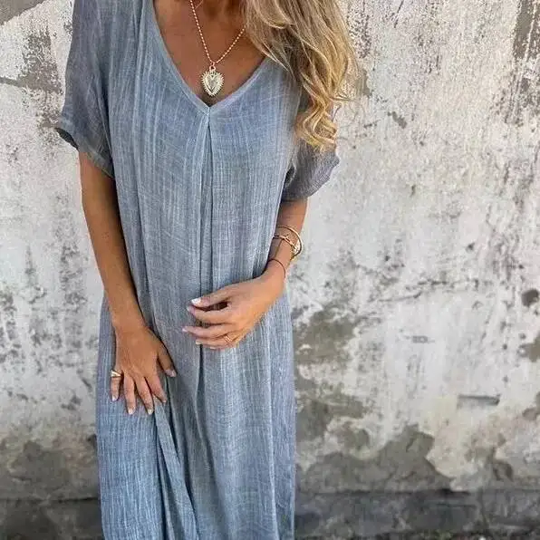 

Women's Short-Sleeved Cotton And Linen Dress V-Neck Loose Large Size Casual Vacation Street Thin Long Skirt 2026