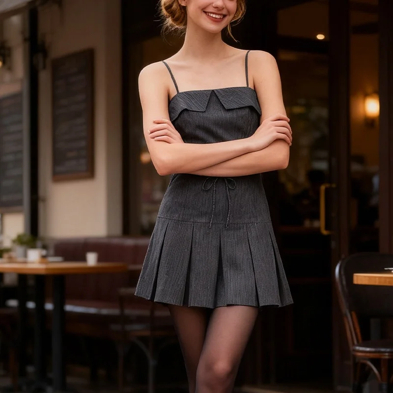 فستان كامي مخطط للنساء مع تنورة مطوية وربطة خصر - فستان قصير بنمط بريبي عتيق #6