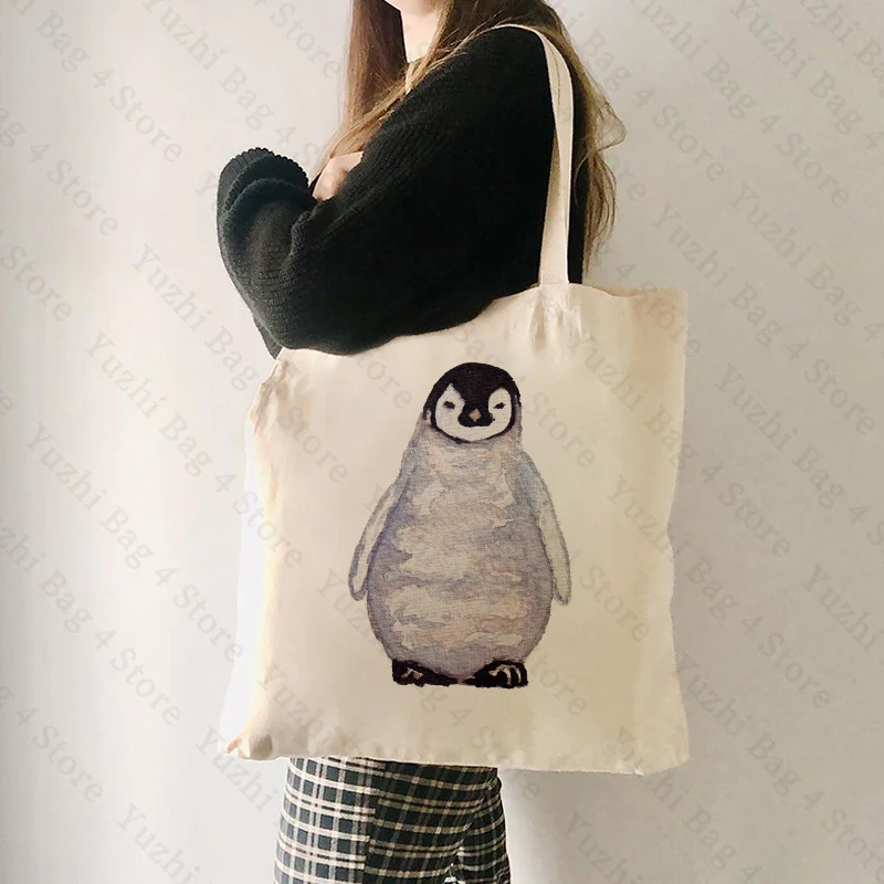 

Watercolour Penguin Canvas Tote Bag Simple Printing Shoulder Bag Versatile Handbag for Work & School Large Capacity Shopping Bag