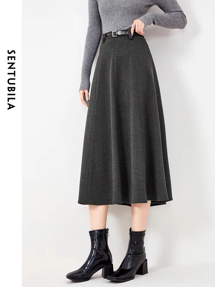 SENTUBILA Winter Office Ladies Woolen Midi Skirts for Women 2024 Autumn New Business Loose Knitted A-Line Skirt Female 134Q52479