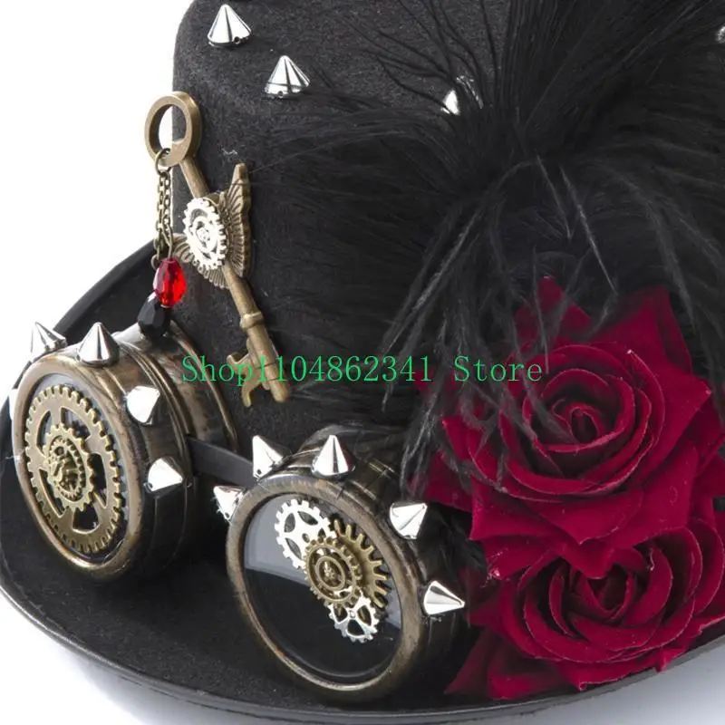 

Vintage Gear Chain Glasses Top Hat Black Jazz Steampunk Hat with Dark Rose Goggles & Gear Chain Top Hat for Theme Party