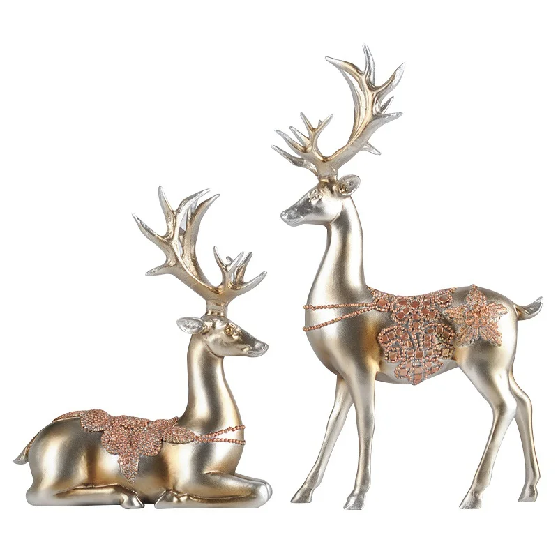 2PCS Reindeer Resin Figurines Ornaments Couple Deer Sculpture for Living Room Bookshelf Bedroom Wine Cabinet Decoration