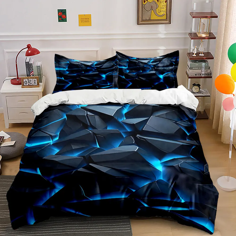 Dark Rocks with Electric Blue Glow Print Bedding Set 1 Duvet Cover 2 Pillowcases for Adult and Children Luxury Gift Full Size