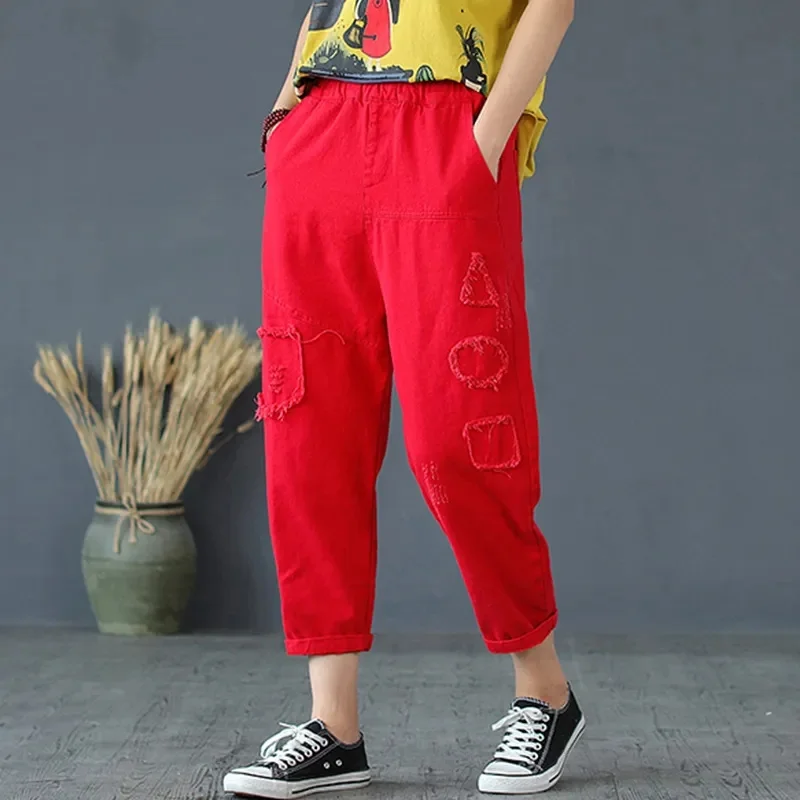 Fashion Jeans Women's Hole Patchwork Denim Pants Spring Summer New Ladies Casual Ankle-Length Denim Pants Loose Jeans