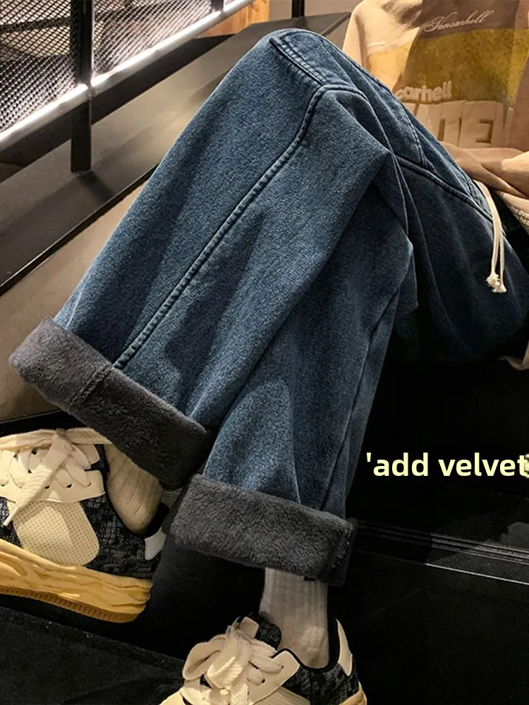 

Deep Blue Fce Lined Men's Jeans Thi Straight Leg Long Trousers Winter Warm Vintage American Sle Street Faion Brand