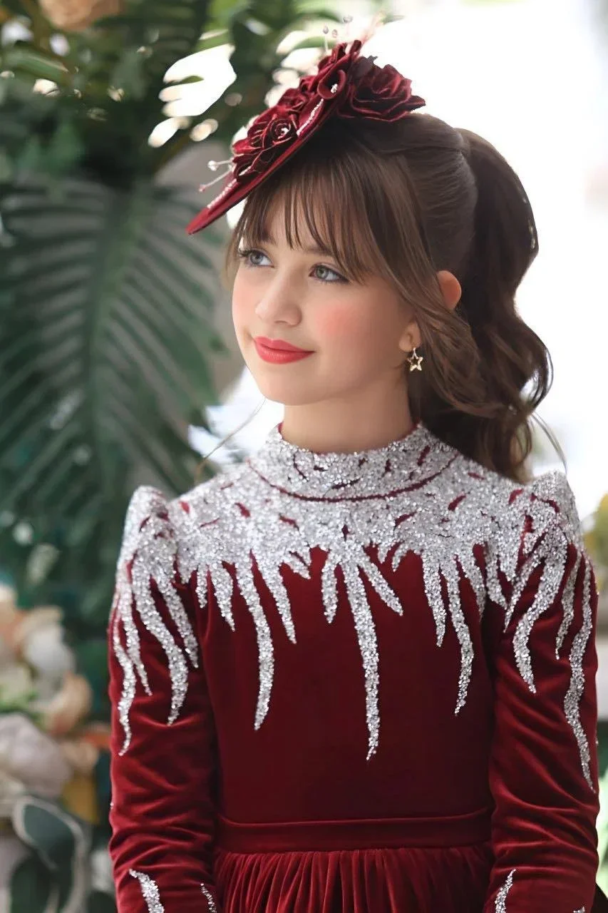 فساتين فتاة الزهور الحمراء لحفلات الزفاف المخملية ذات الياقات العالية الفضية مزينة بأنيقة للأطفال فستان المسابقة الأولى حسب الطلب