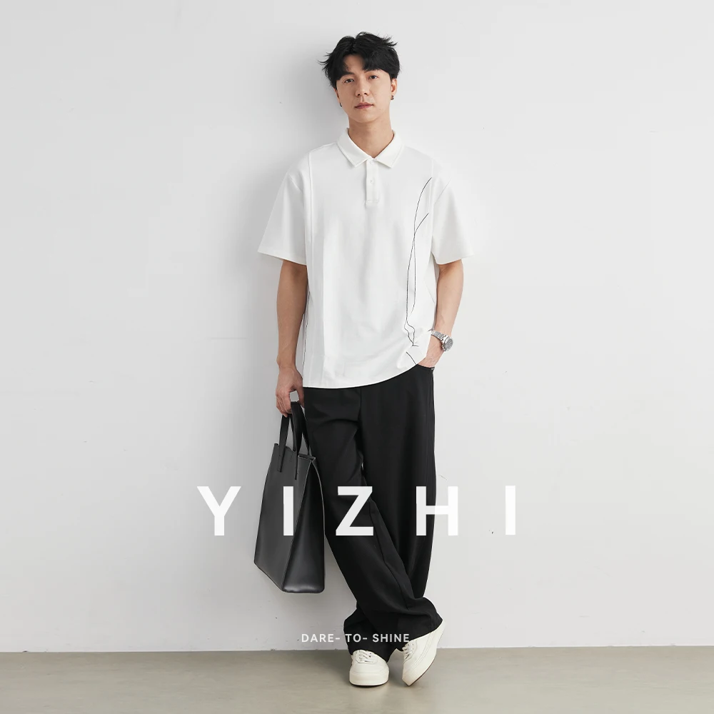 Men's Japanese Style Stitched Lapel Polo Shirt Summer Loose Simple Versatile Drop Shoulder Business Casual Short Sleeve T-Shirt