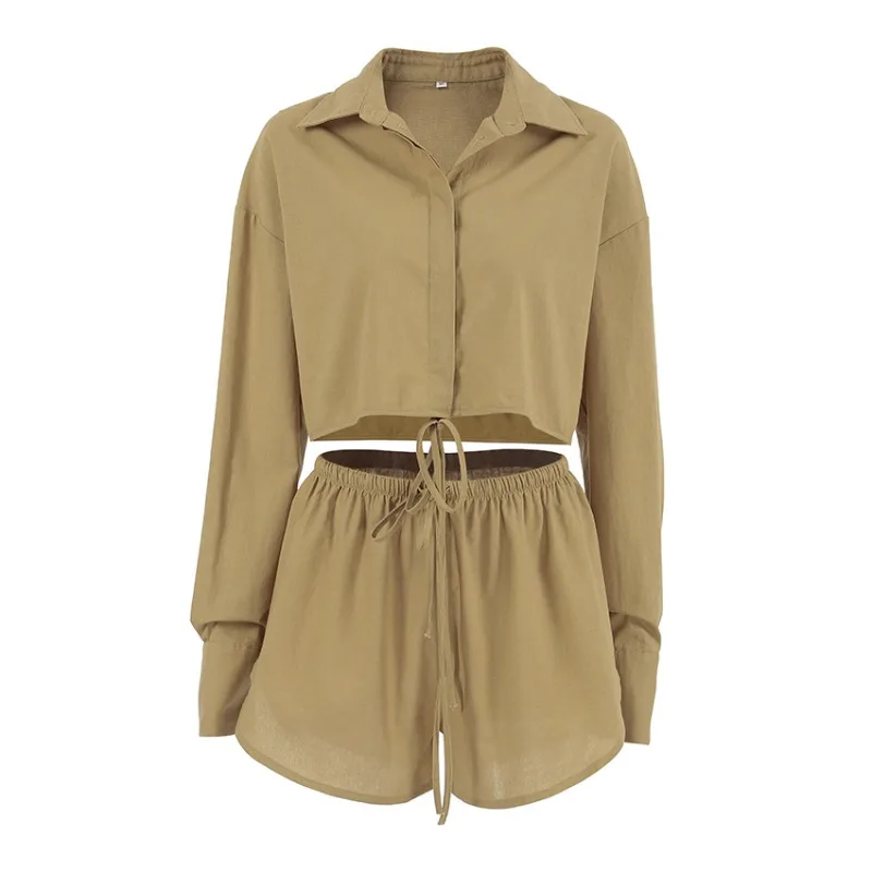 

Simple and stylish khaki shirt and shorts two-piece summer casual top set 1205