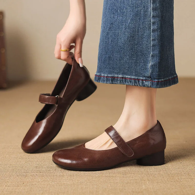 2026 new spring summer women pumps natural leather 22-25cm soft sheepskin+pigskin round toe buckle mary janes women shoes