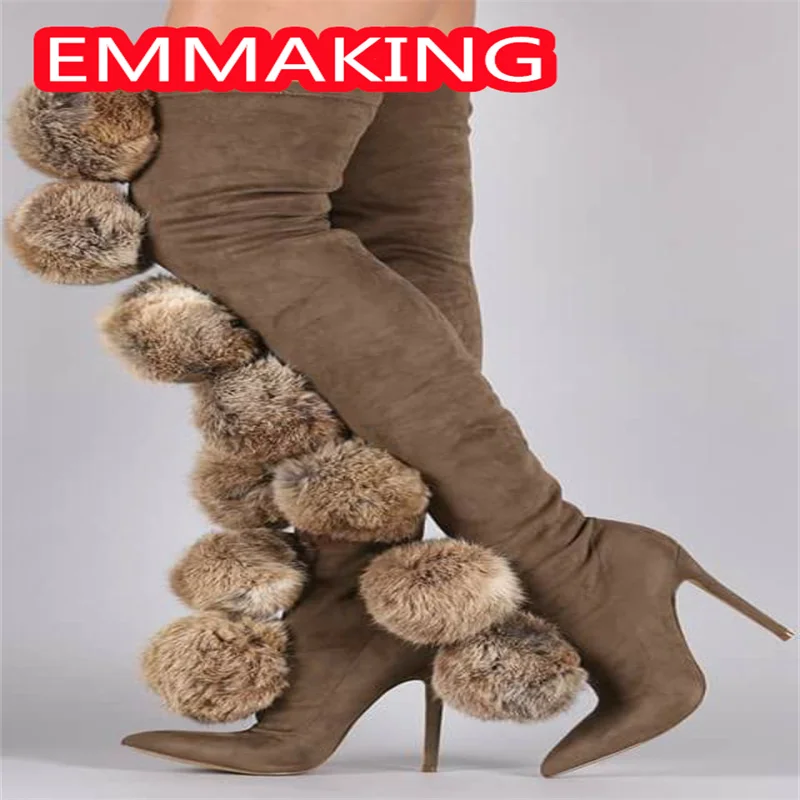 كرات كبيرة رقيق أشار تو حذاء برقبة للركبة الشتاء النساء 2024 نسيج مرن موضة الانزلاق على الجوارب الطويلة ضئيلة مثير حجم 44