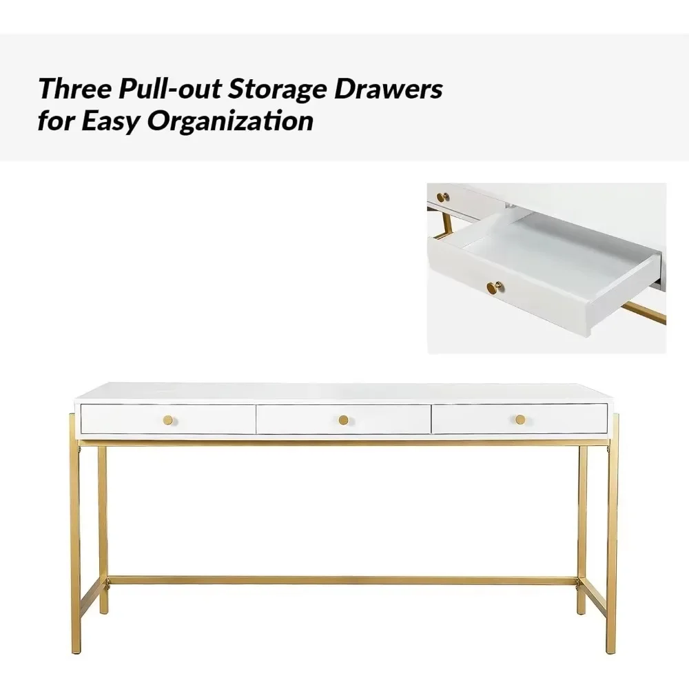 62inches Writing Desks with 3 Drawers, Modern White and Gold Desks, Make Up Vanity Desk,Office Desk