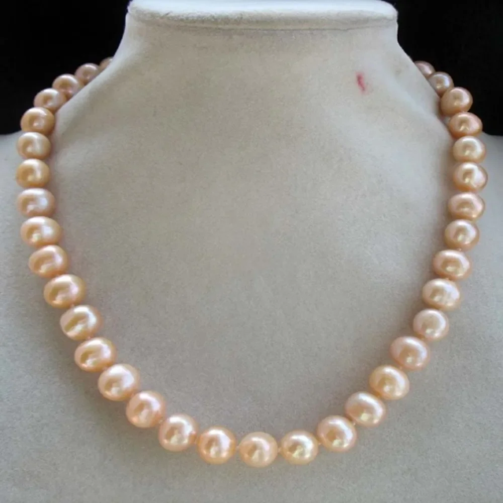 

Hand knotted necklace natural 9-10mm pink freshwater pearl sweater chain nearly round pearl 18inch