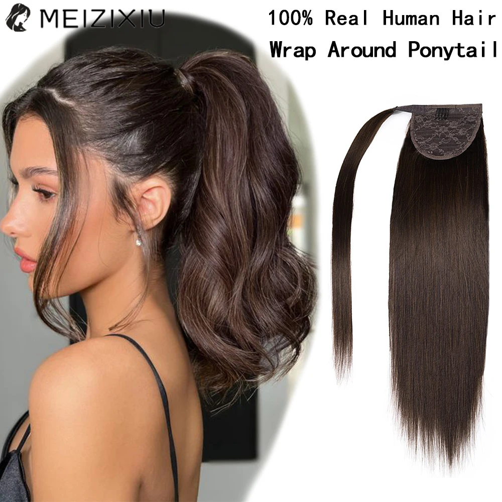 Chocolate Brown Ponytail In Human Hair Extensions 100% Real Hair PonyTail In Hair Extensions For Women Magic Wrap Around 22 Inch