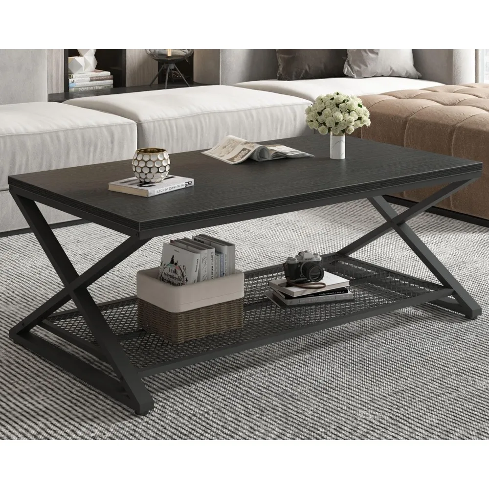 طاولة قهوة سوداء، طاولات مركزية من طبقتين معدنية خشبية مع رف تخزين، طاولة شاي خرسانية مستطيلة حديثة لغرفة المعيشة #3