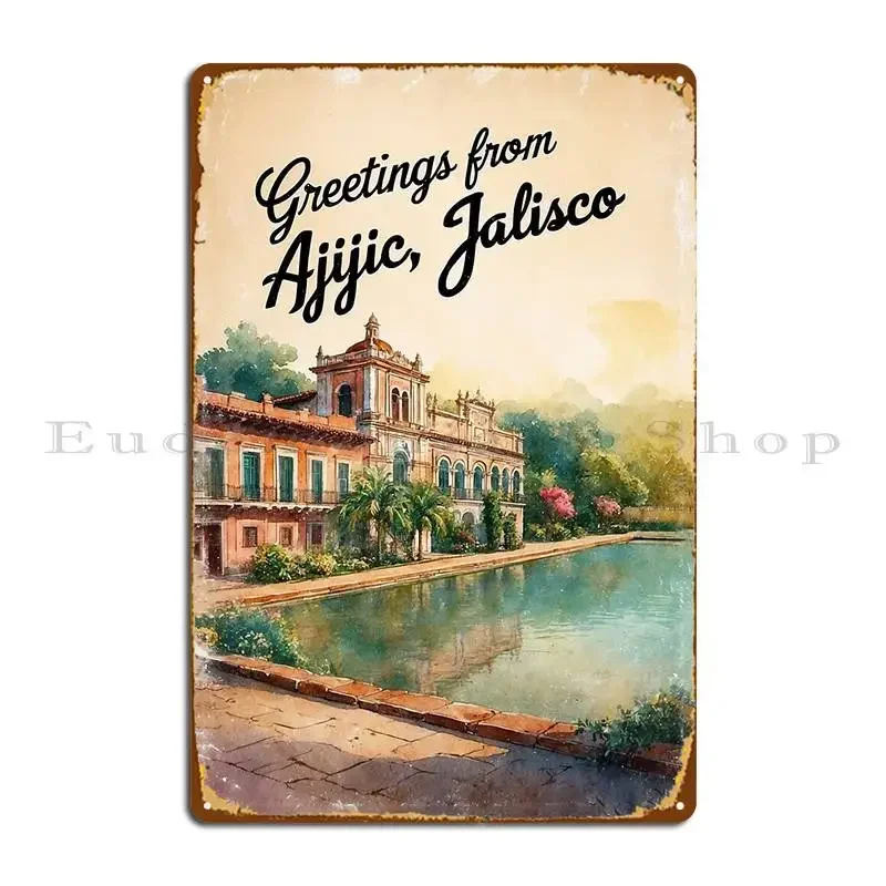 Letrero Metálico Vintage de Ajijic, Jalisco, México, Ciudad Mágica, Estilo Postal, Placa Decorativa para Cocina, Letrero de Hojalata Oxidado para el Hogar, Póster