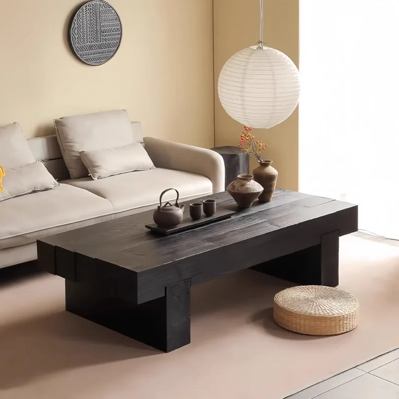 Wabi Sand wind solid wood coffee table modern simple living room household rectangular tea  light luxury high-end black