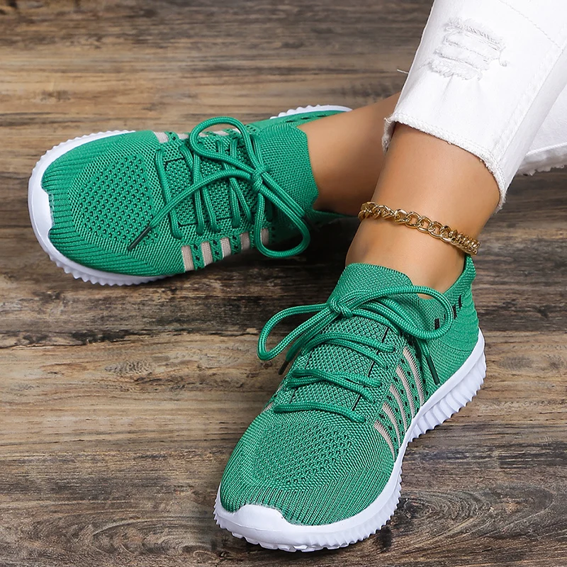 Lightweight Breathable Running Shoes for Women Non Slip Knitted Green Sneakers Woman Soft Sole Slip On Casual Flats Plus Size 43