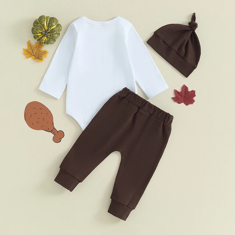 

Adorable Baby Thanksgiving Set with Cute Letter and Turkey Print Including Long Sleeve Romper Pants and Hat