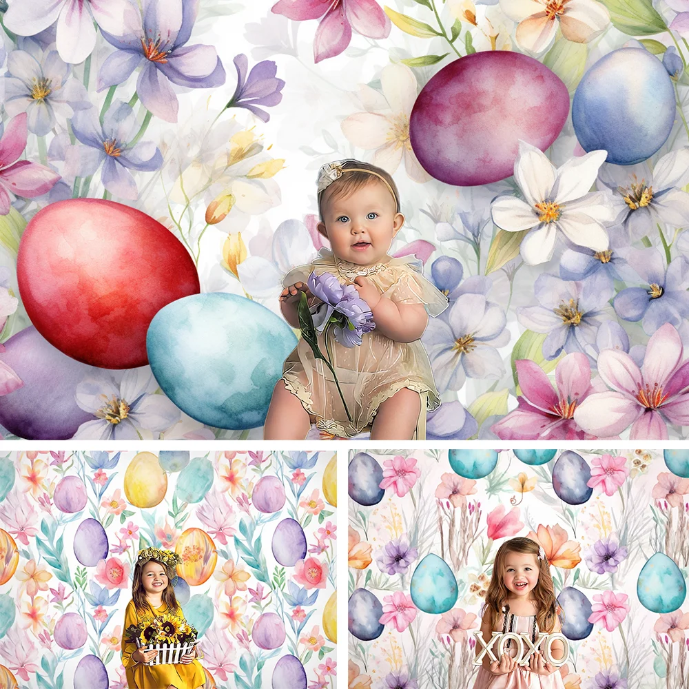 

Easter Photography Backdrop Watercolor Easter Eggs Flowers Pattern Baby Children's Birthday Portrait Background Photo Studio