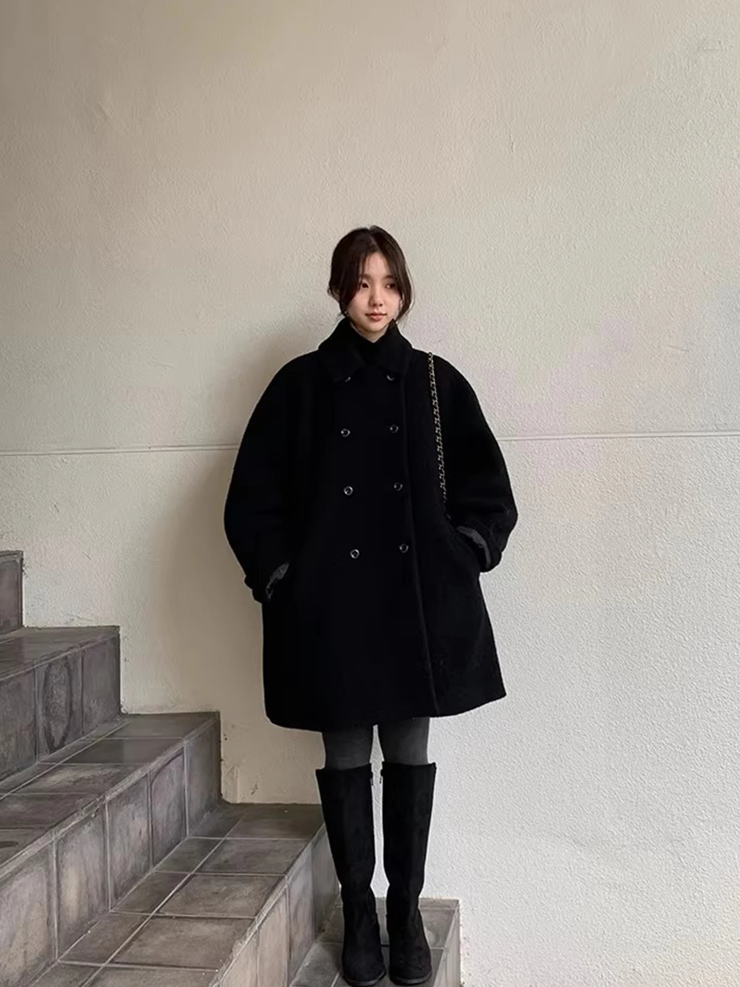 Ele Double-Breasted Thiened Woolen Coat Women's Autumn Winter Loose Versatile Warm Woolen Cloak French Sle Long Sve