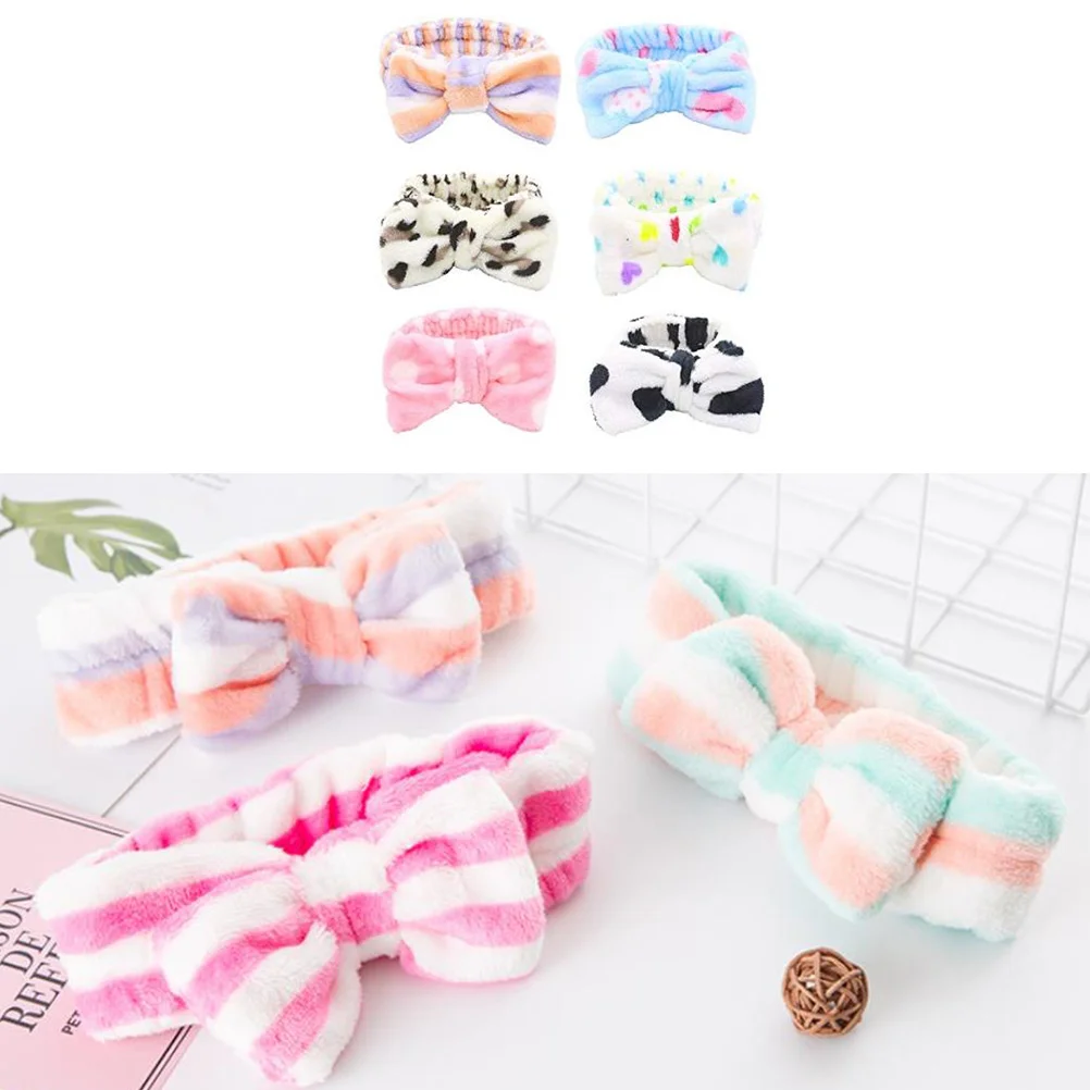 6pcs Women's Bow Headband Lovely Flannel Hair Loop for Shower Spa Make Up make up headbands facial headband