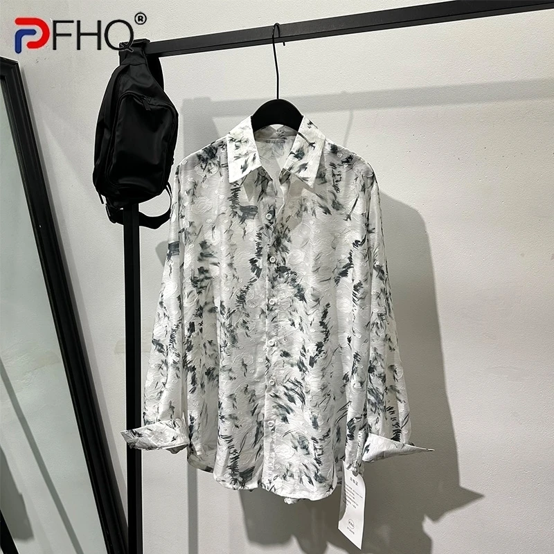 PFHQ Trendy Summer Sexy Male Shirts Perspective Luxury Long Sleeve Lapel Print Popular Casual Men\'s Thin Tops Breathable 21Z4906