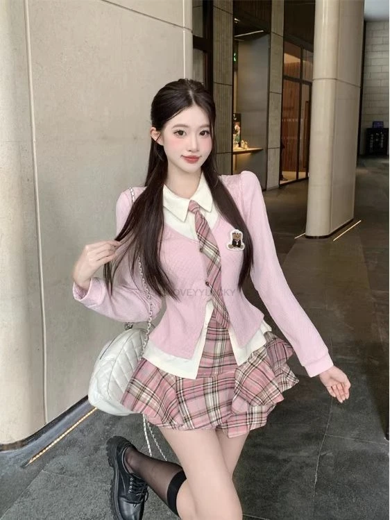 

Autumn Korean Style Girl JK Two Piece Set high-waisted Plaid Skirt And Faux two-piece Shirt Women Fashionalbe Jk Uniform Set