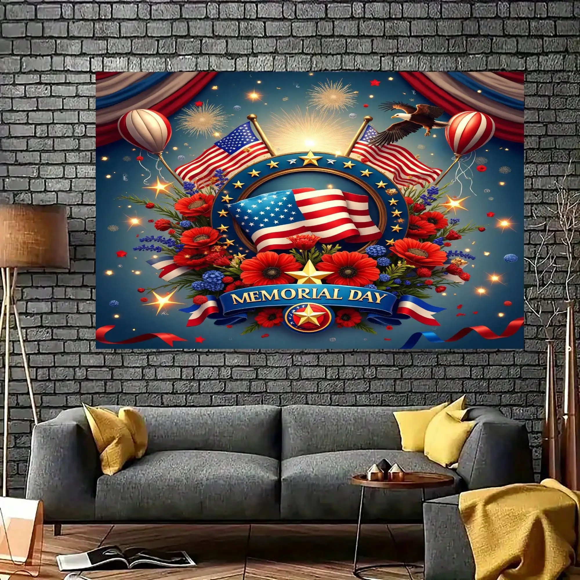 Memorial Day Tapestry - American Flag & Eagle, Patriotic Red Flowers, 4th of July & Veteran Decor, Multiple Sizes
