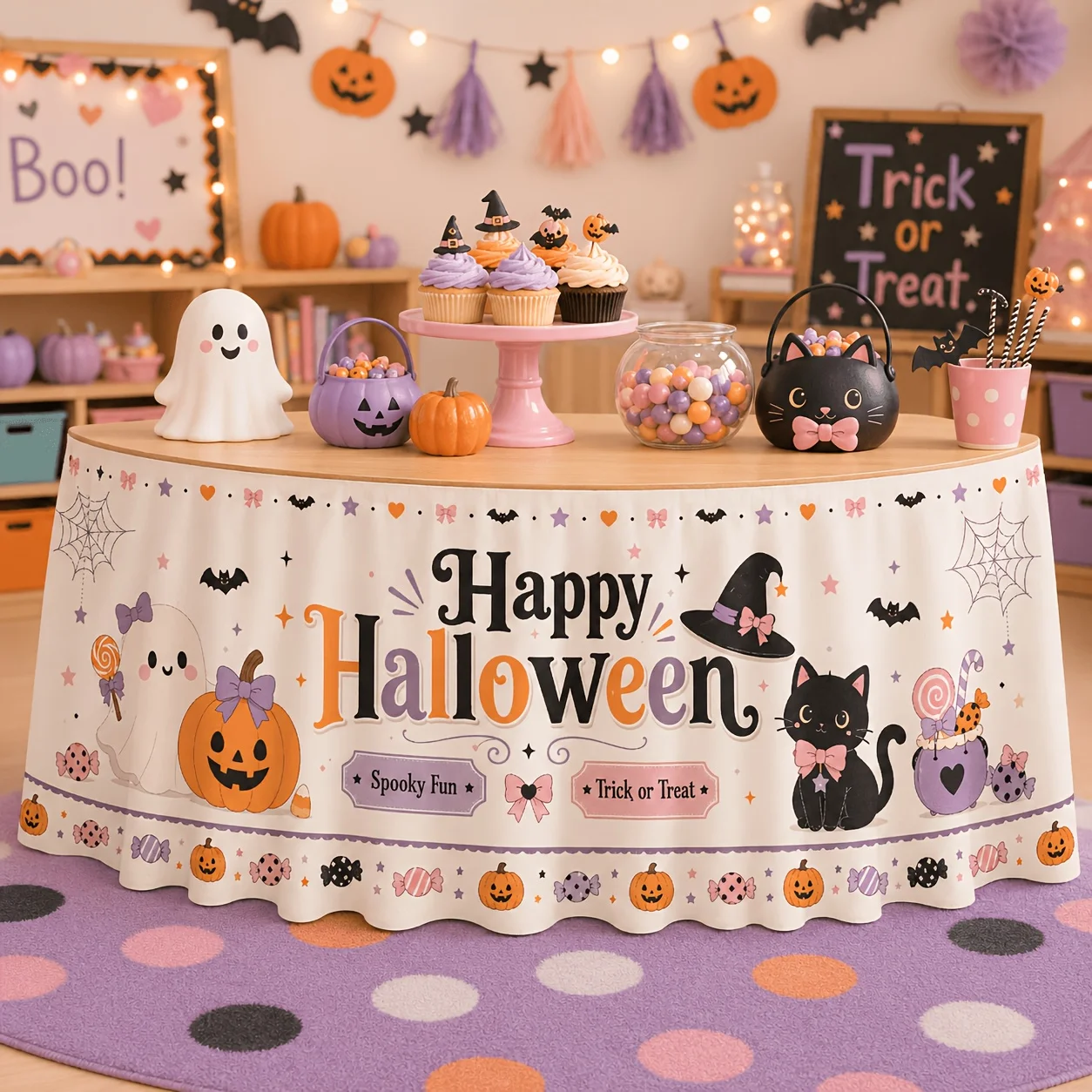 1 piece of tablecloth or table skirt, polyester, Happy Halloween, lucky lamp, ghost, black cat, witch hat, spider web, candy
