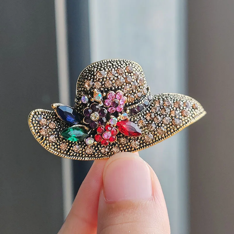 Vintage Sun Hat Brooches Colorful Crystal Flower Cap For Women Alloy Inlaid Rhinestone Jewelry Accessories Gifts