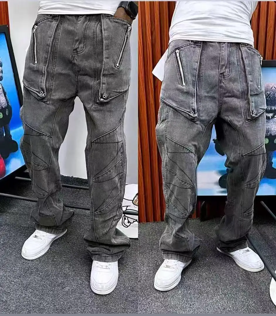 الرجال الدنيم السراويل الجينز تقسم بنطال ذو قصة أرجل واسعة طويلة جان المرقعة جيوب الشارع الشهير منتصف الخصر غسلها المتعثرة بانت خمر