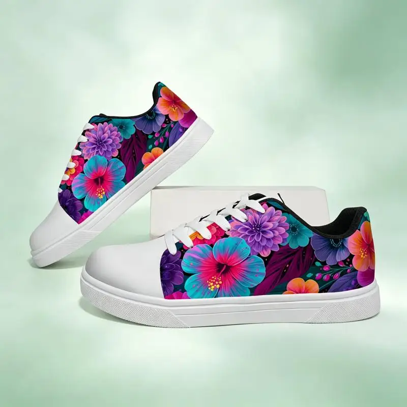 Ladies Men's Road Running Shoes，White sneakers with printed designs，Various sizes available，Bright neon floral pattern，Lightweig