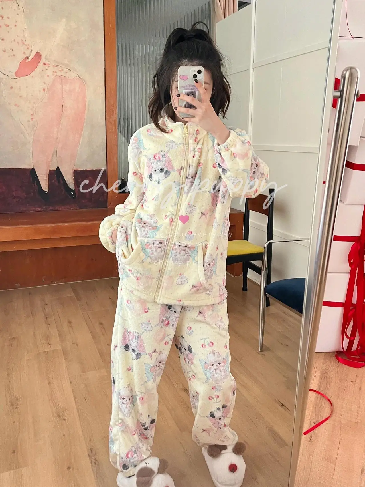 Japanese Original Flannel Cartoon Warm Pajamas Women's Autumn Winter Coral Fleece Soft Comfortable Long-sleeved Loungewear Set