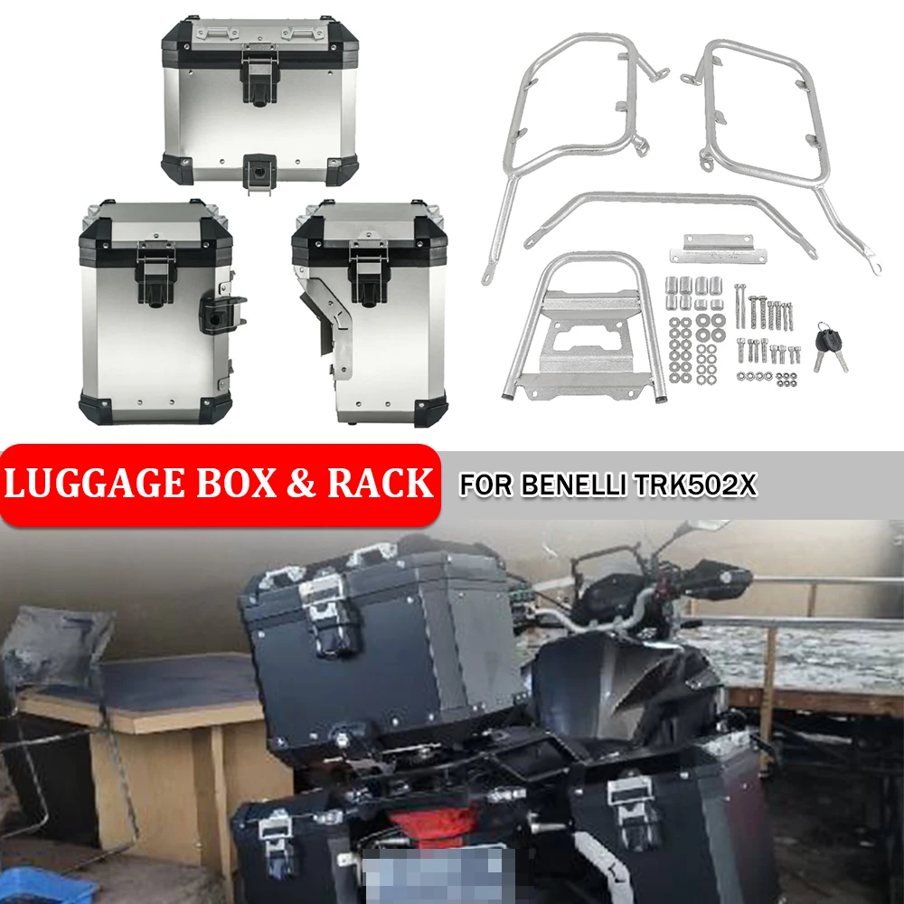 

Motorcycle Aluminum Top Case Large Luggage Boxs Steel Rack Mount Bracket Rear Side Saddle Box Trunk Pannier For Benelli TRK502X