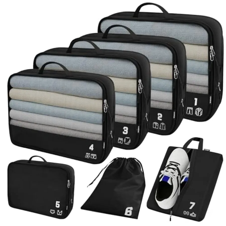 

Набор из 7 расширяемых компрессионных упаковочных кубов для путешествий, черные, для эффективной организации одежды