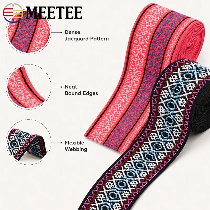 1-5M 50mm Ethnic Jacquard Elastic Band Polyester Rubber Webbing for Waist Belts Skirts Girdles Garment Stretch Trim DIY Sewing